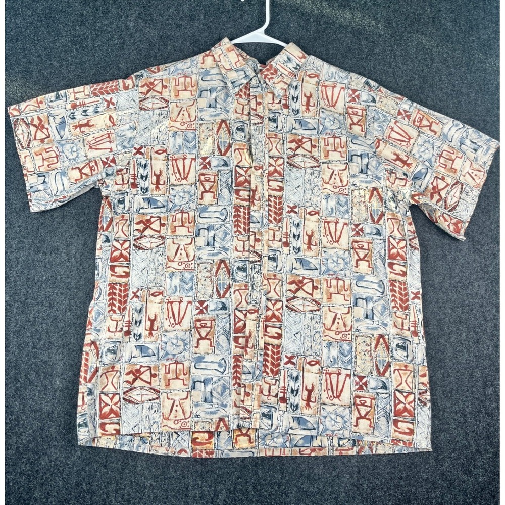 Go Barefoot Mens XL Hawaiian Shirt Tribal Petroglyph Cotton Made in USA Red Blue